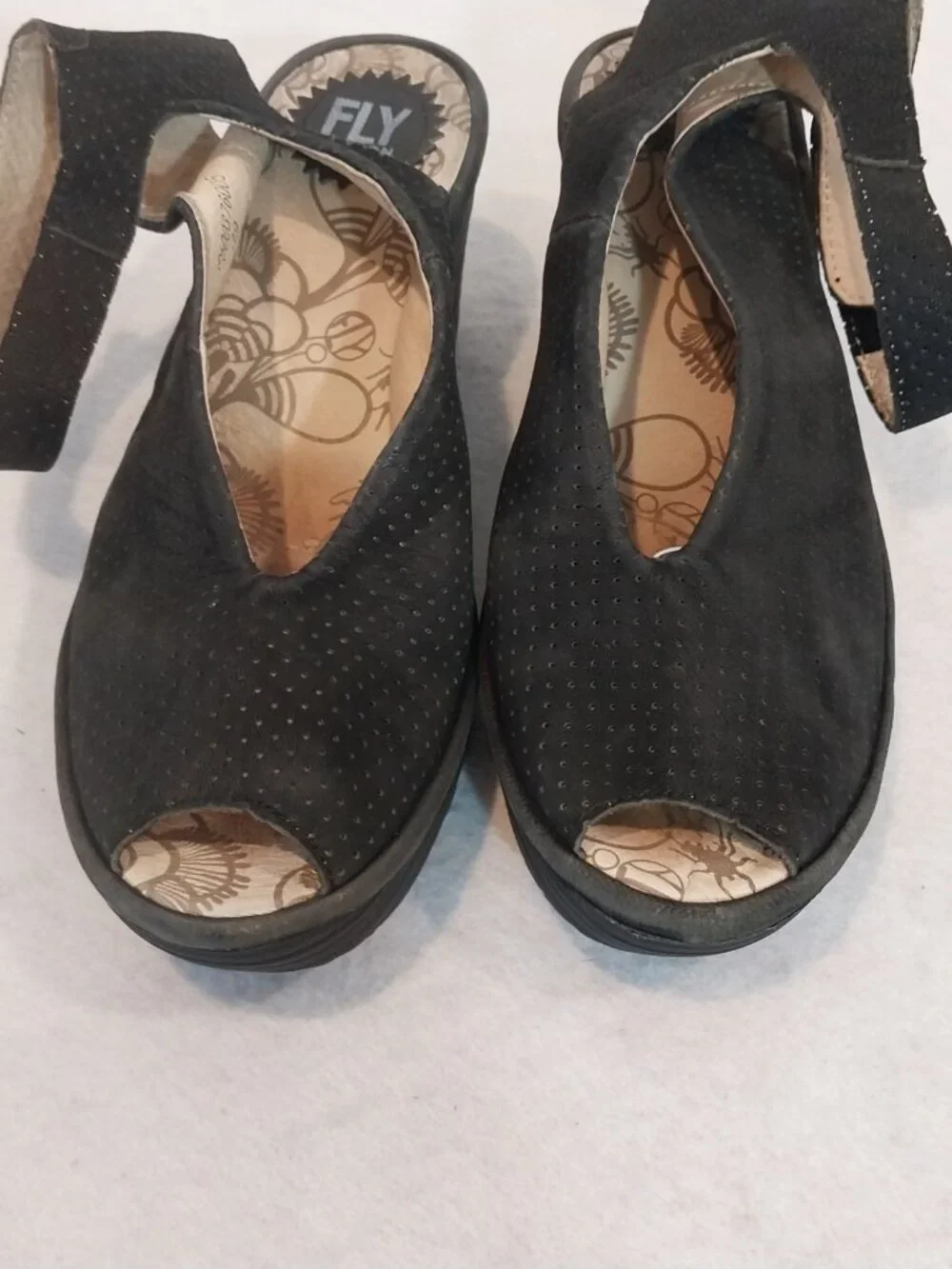 Fly London Yala Sandals Women US 8.5 EU 39 Black Suede Wedge Peep Toe Perforated